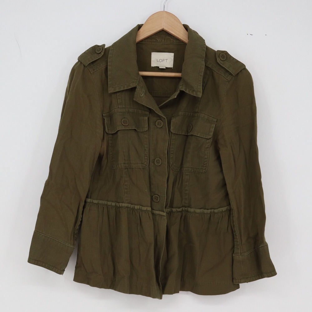 LOFT Utility Jacket Womens S Military Peplum Olive Green Button Down Excellent